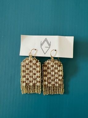 Handwoven Cream and Gold Beaded Fringe Earrings - Women Jewelry